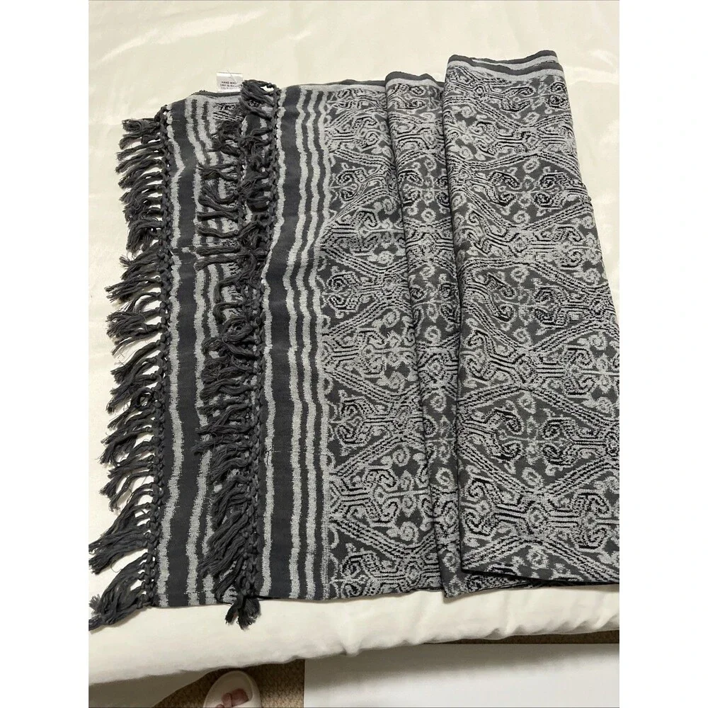 Handmade Scarf Shawl Woven Indonesia Large 46x82 Gray Cotton Wrapsody California